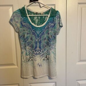 Miss Me Teal, Blue & White Short Sleeve Top w/ bling on the front & lace on back